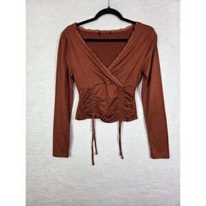 Womens Y2K Ruched Crop Going Out Top M Lace Trim LS Milkmaid Fairy Grunge Cute